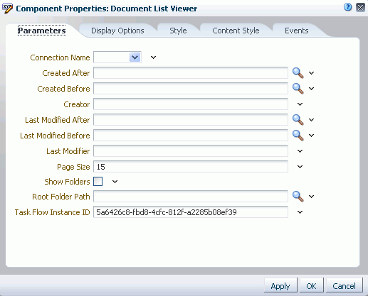 Document List Viewer Task Flow Component Properties