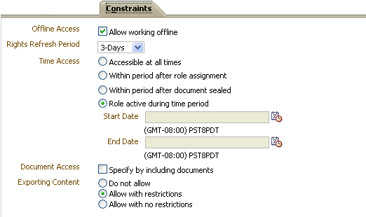 Roles page, Constraints tab