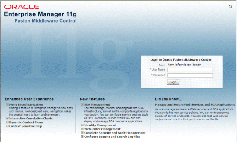 Fusion Middleware Control Login page.