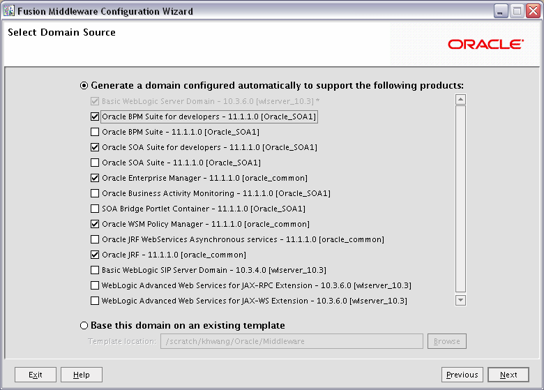 Configuration Wizard screen for Oracle BPM Suite for Developers.
