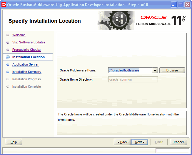 Specify Installation Location screen