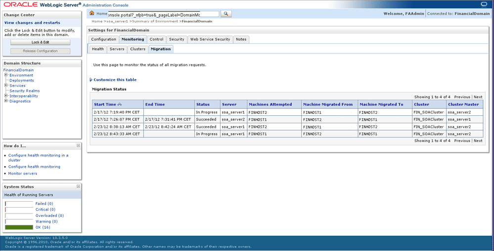 Migration Status Screen in the Administration Console