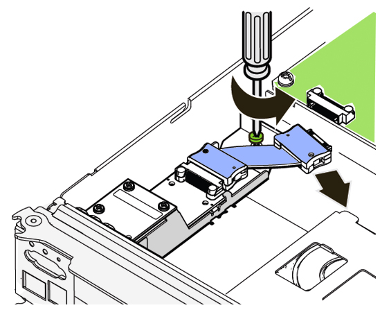 image:Graphic showing how to remove the retaining screw for the front I/O assembly.