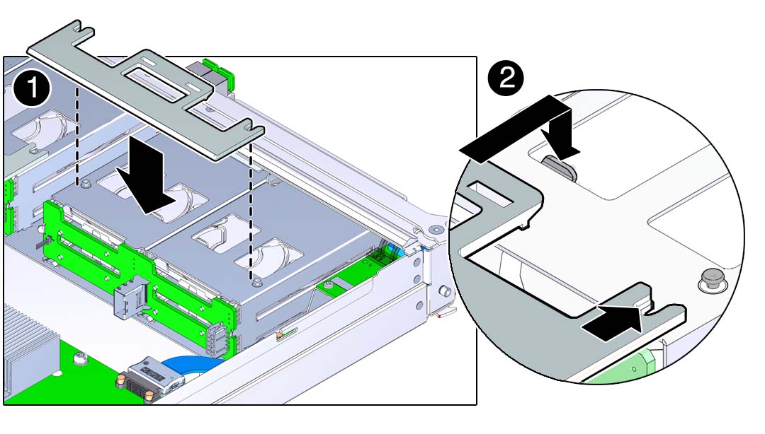 image:Graphic showing how to install the plastic retaining panel on the storage backplane.