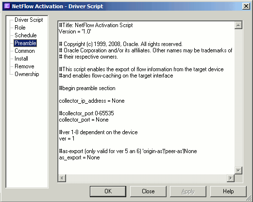 Screenshot of the preamble page on the driver script dialog box.