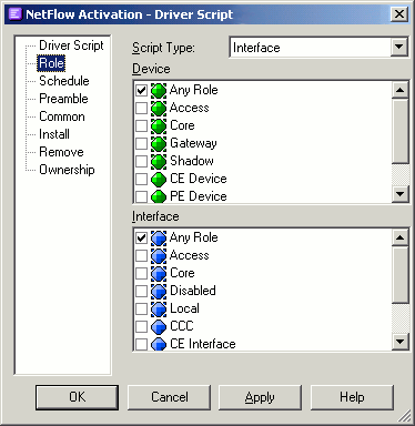 Screenshot of the Role page on the Driver Script Properties dialog box
