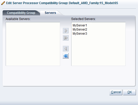 This figure shows the Servers tab of the Edit Server Processor Compatibility Group: group_name dialog box.