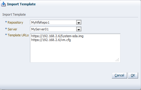 Import Template dialog box showing the virtual machine URLs to enter when using the P2V utility.