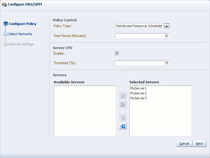 This figure shows the Configure Policy step in the Configure DRS/DPM wizard.