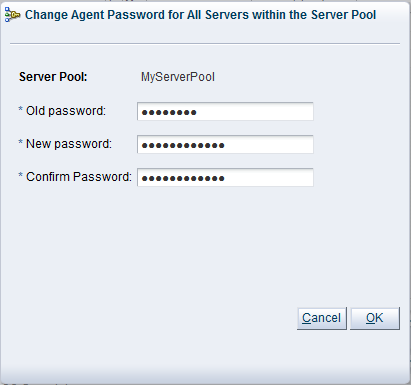 This figure shows the Change Agent Password for All Servers within the Server Pool dialog box.