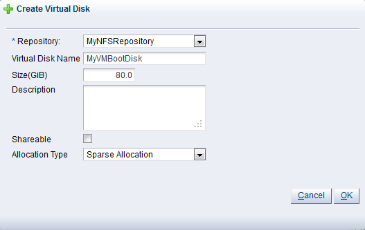 This figure shows the Create Virtual Disk dialog box step in the Create VM Template wizard.