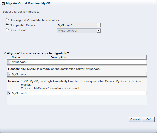 This figure shows the Migrate Virtual Machine dialog box.