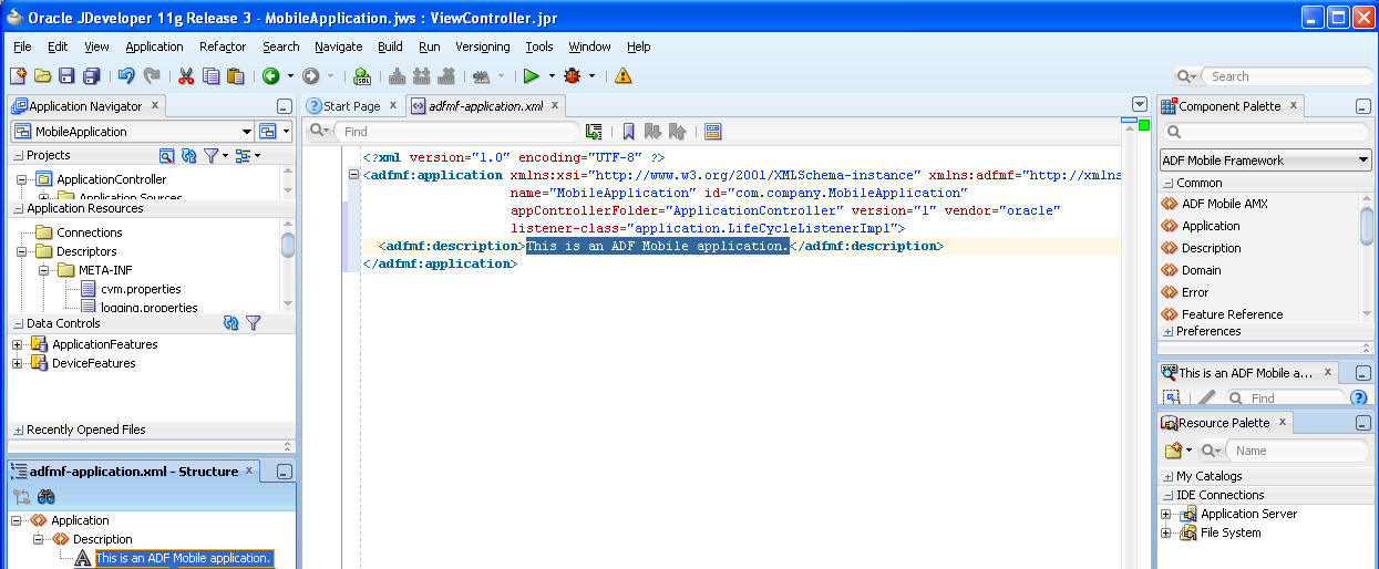 The source editor for adfmf-application.xml