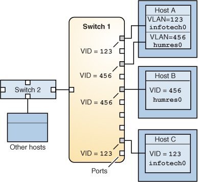 image:This figure shows a single switch connecting multiple hosts of different VLANs.