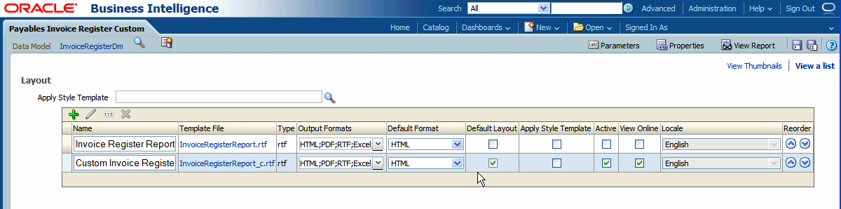 Report layouts shown in the list view