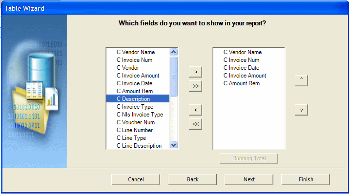 Selecting fields for the table