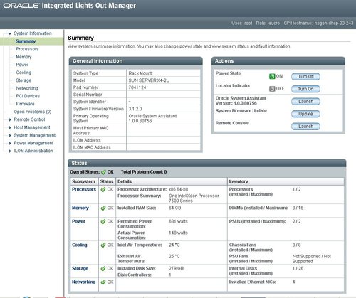 image:Oracle ILOM System Summary screen.