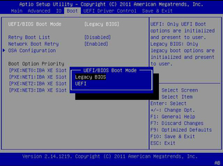 image:This figure shows the BIOS Boot Menu selection options for UEFI and Legacy BIOS Mode.