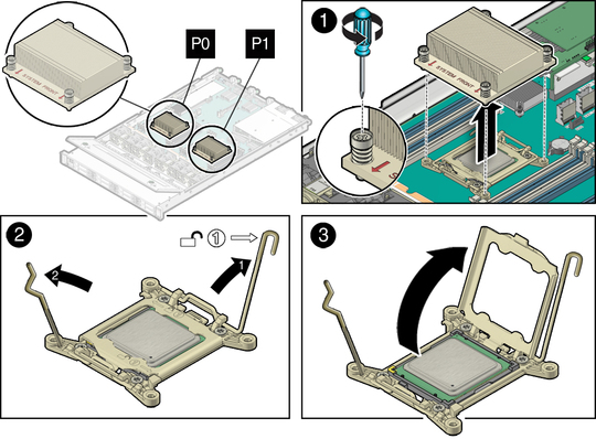 image:Figure showing how to remove the heatsink and open the processor ILM assembly.