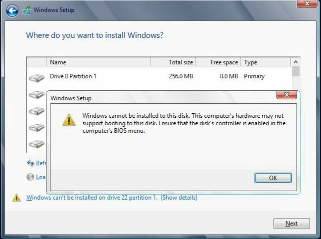 image:Windows 2012 R2/ Windows 2012 installed on Ganymede-E FCoE target error message