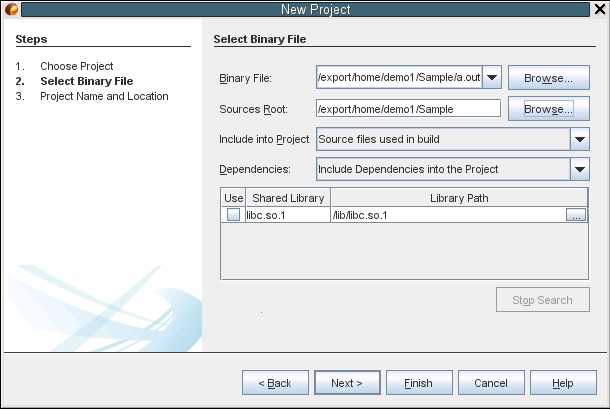 image:New Project wizard Select Binary File page for Project from a                                 Binary File