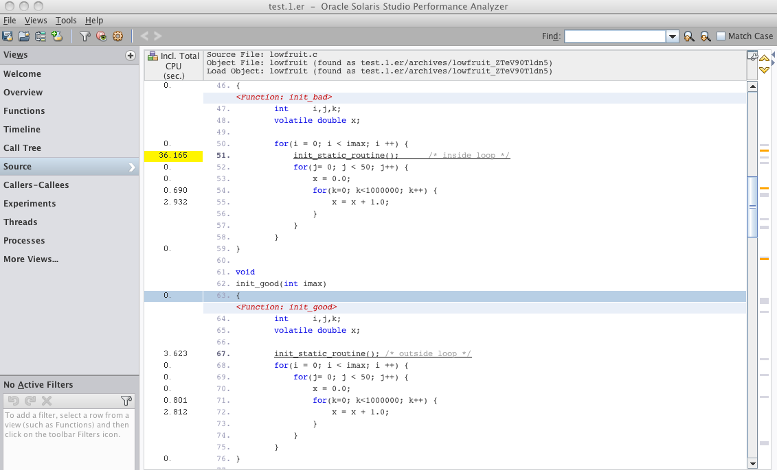 image:Source view shows the code of init_bad and init_good functions and metrics for each        line
