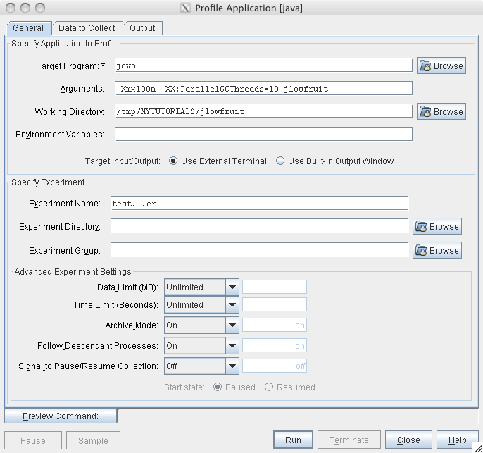 image:General tab of the Profile Application dialog box with preset Target Program               and Arguments