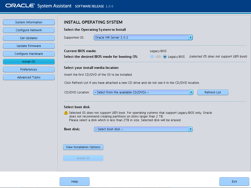 image:Captura de pantalla en la que se muestra la pantalla Install OS (Instalar sistema operativo) de Oracle System Assistant.