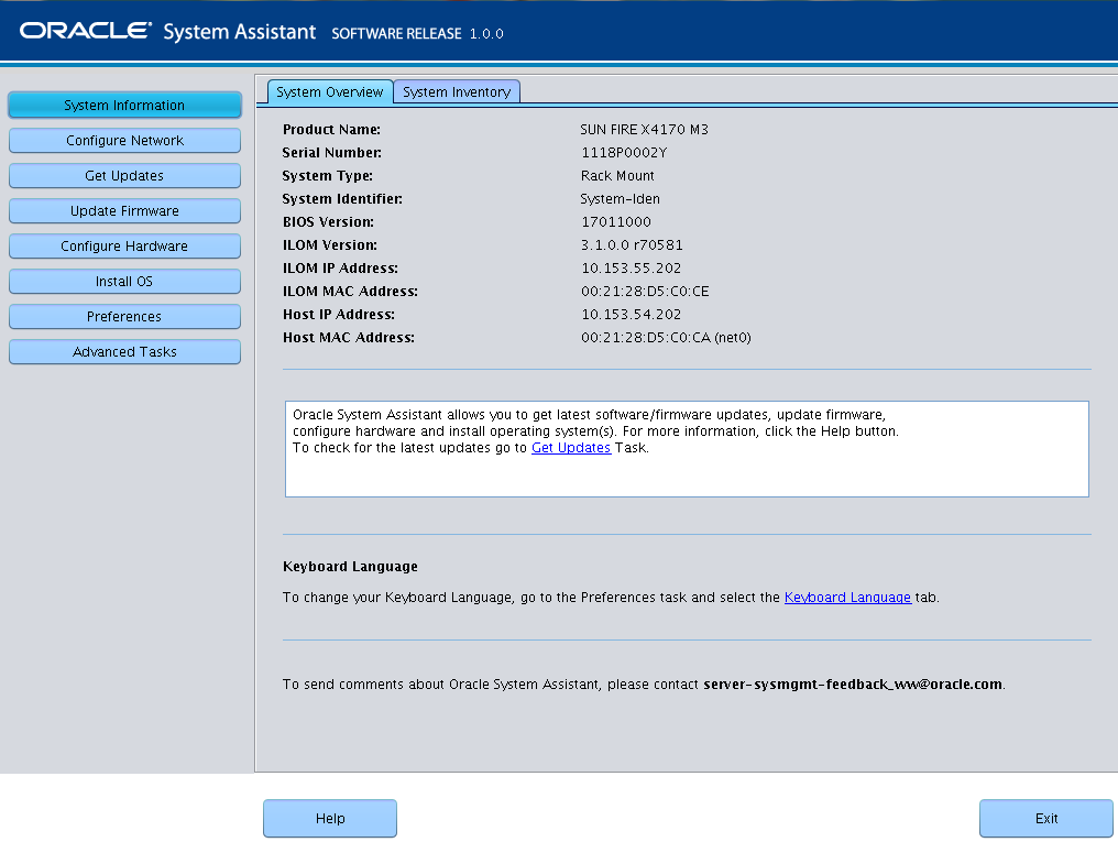 image:Captura de pantalla en la que se muestra la pantalla principal de Oracle System Assistant.