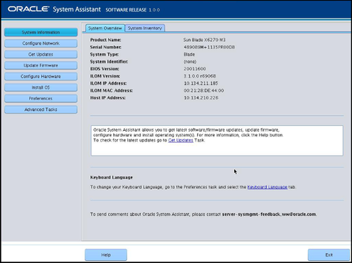image:Captura de pantalla que muestra la pantalla principal de Oracle System Assistant.