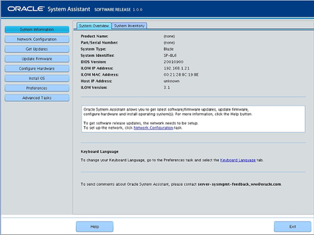 image:Captura de pantalla que muestra la pantalla System Overview (Descripción general del sistema) de Oracle System Assistant.