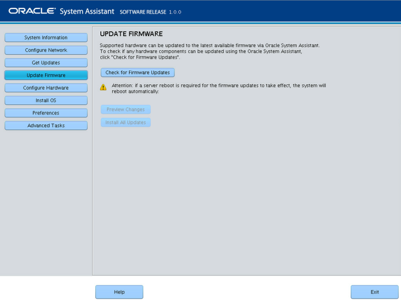 image:En esta figura, se muestra la pantalla Update Firmware (Actualizar firmware) de Oracle System Assistant.