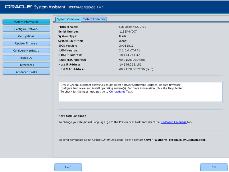 image:En esta figura, se muestra la pantalla System Overview (Descripción general del sistema) de Oracle System Assistant.