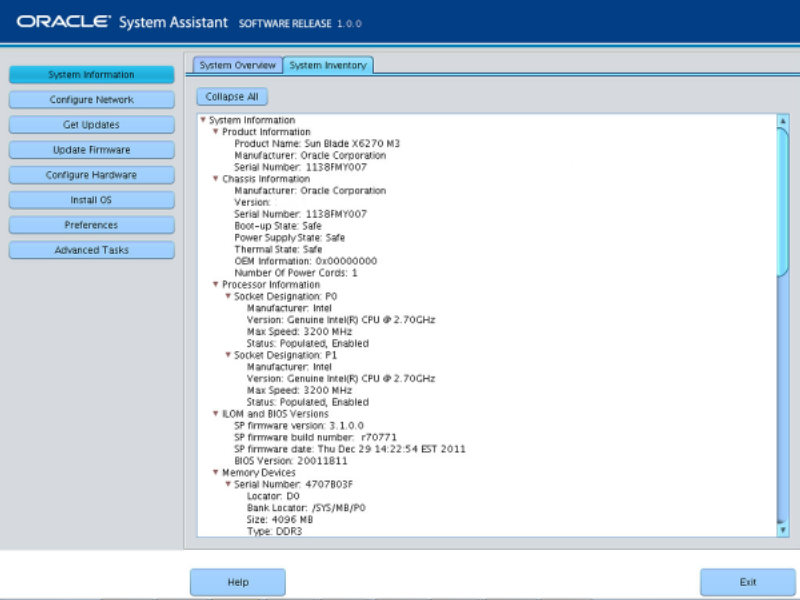image:En esta figura, se muestra la pantalla System Inventory (Inventario del sistema) de Oracle System Assistant.