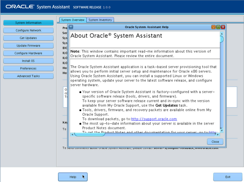 image:Gráfico que muestra la pantalla Oracle System Assistant Help (Ayuda de Oracle System Assistant).