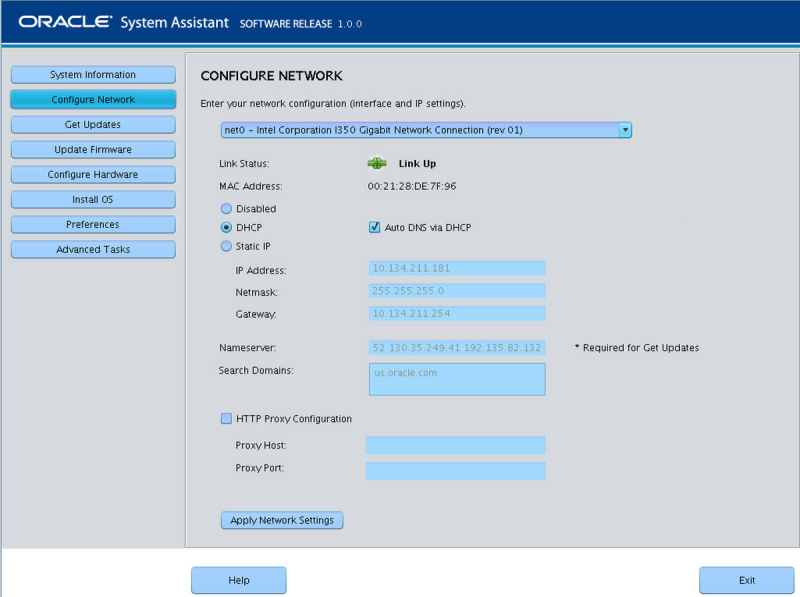 image:Captura de pantalla que muestra la pantalla Configure Network (Configurar red) de Oracle System Assistant.