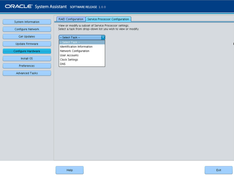 image:En esta figura, se muestra la pantalla Service Processor Configuration (Configuración del procesador de servicio) con la lista en Oracle System Assistant.