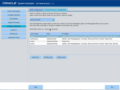image:En esta figura, se muestra la pantalla User Accounts (Cuentas de usuario) en Service Processor Configuration (Configuración del procesador de servicio) de Oracle System Assistant.
