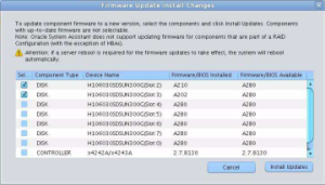 image:En esta figura, se muestra el cuadro de diálogo Firmware Update Install Changes (Cambios de instalación de actualización de firmware) de Oracle System Assistant.