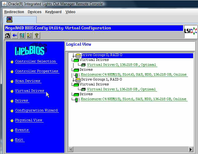 image:LSI BIOS Config Utility Virtual Configuration 창의 화면 캡처입니다.
