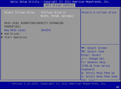 image:이 그림은 BIOS LSI MegaRAID Configuration Utility Virtual Drive Management 화면을 나타냅니다.