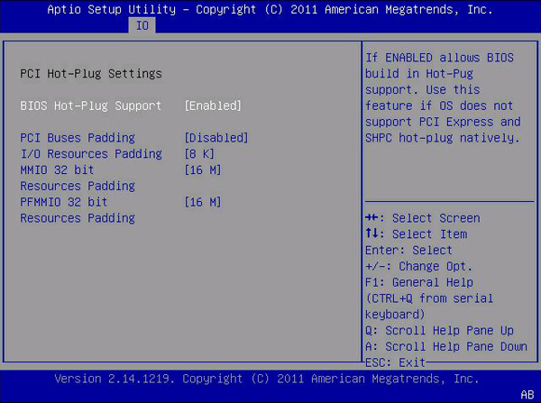 image:이 그림은 PCI Hot-Plug Settings 화면을 나타냅니다.