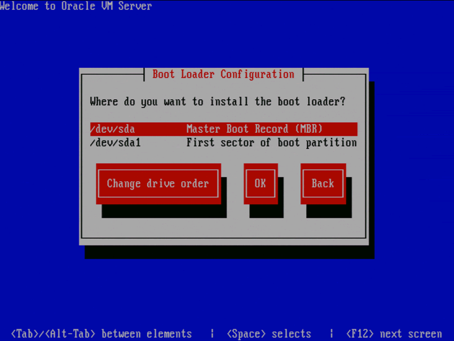 この図は、Oracle VM Serverの「Boot Loader Configuration」画面を示しています。