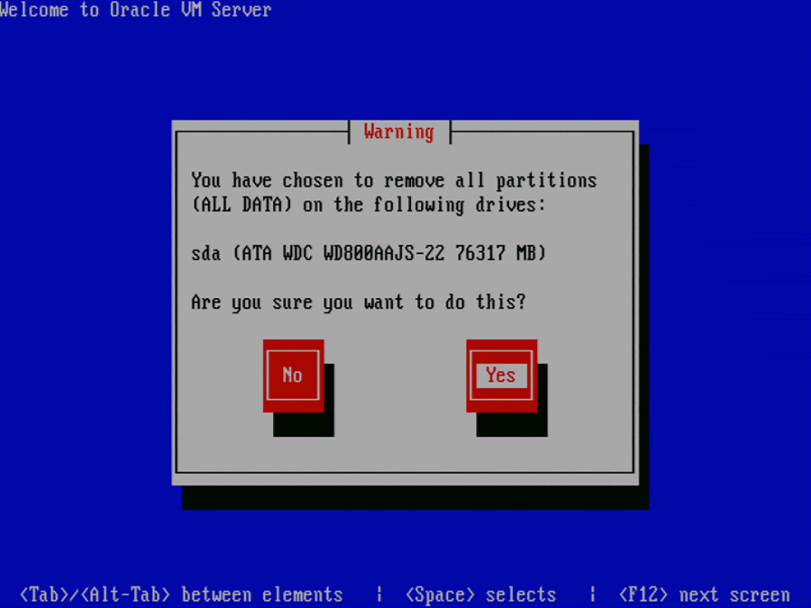 この図は、Oracle VM Serverの「Warning」画面を示しています。