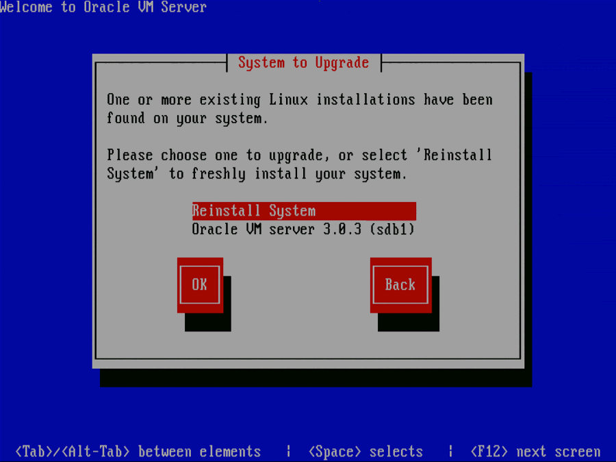 この図は、Oracle VM Serverの「System to Upgrade」画面を示しています。