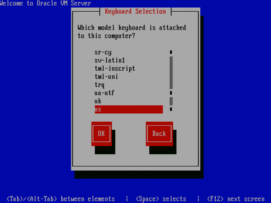 この図は、Oracle VM Serverの「Keyboard Selection」画面を示しています。