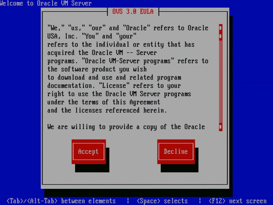 この図は、Oracle VM Serverの「End User License Agreement」画面を示しています。