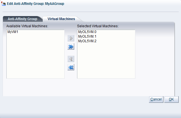 この図は、「Modify Anti-Affinity Group: group_name」ダイアログ・ボックスの「Virtual Machines」タブを示しています。