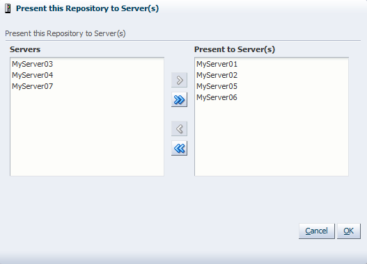 この図は、「Present this Repository to Servers(s)」ダイアログ・ボックスを示しています。