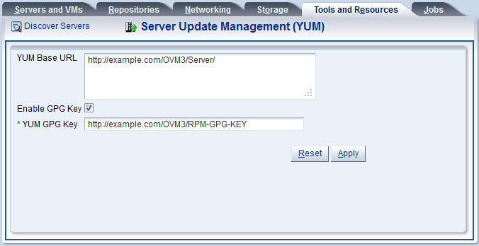 この図は、「Server Update Management (YUM)」ダイアログ・ボックスを示しています。